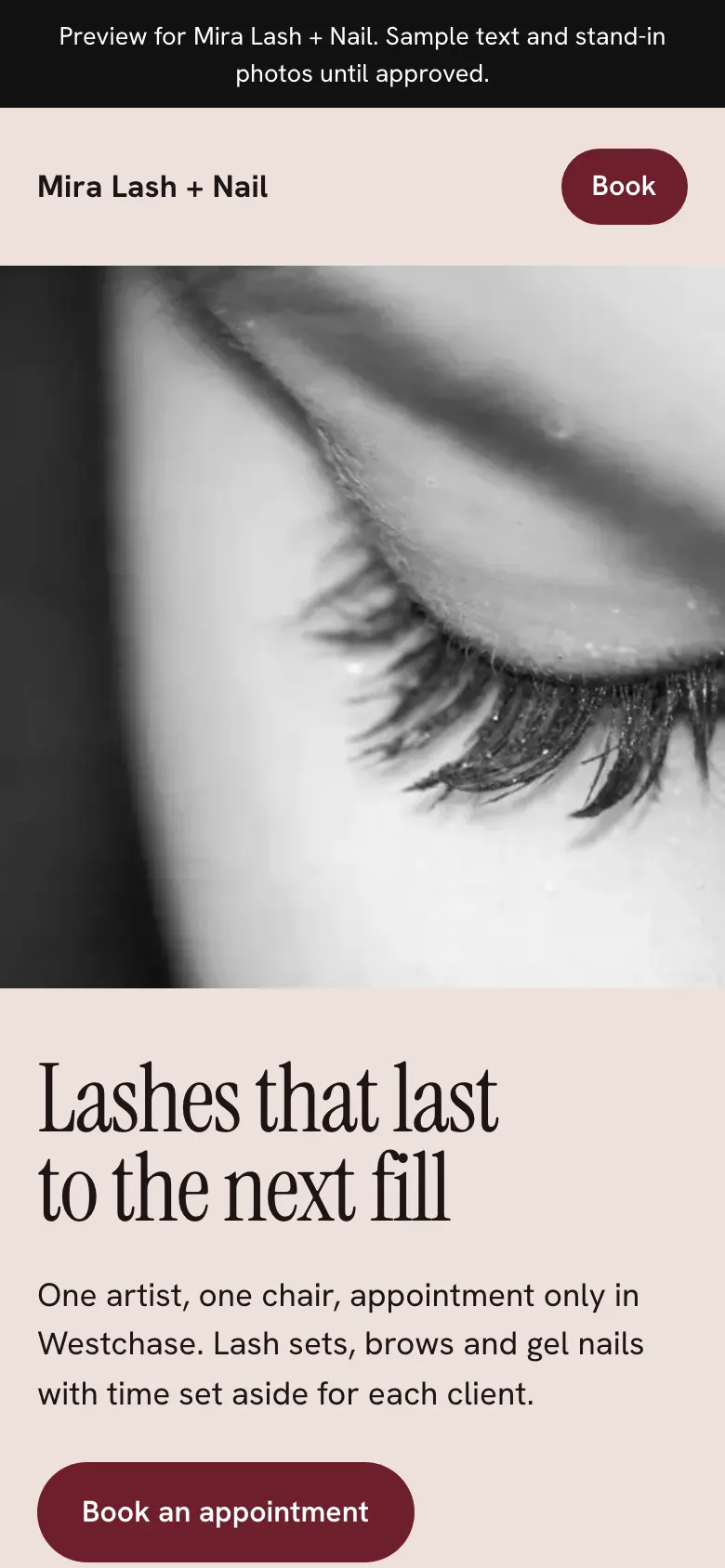 Lash and nail studio concept on a phone: a close-up eyelash photo above the line Lashes that last to the next fill, with a Book an appointment button.